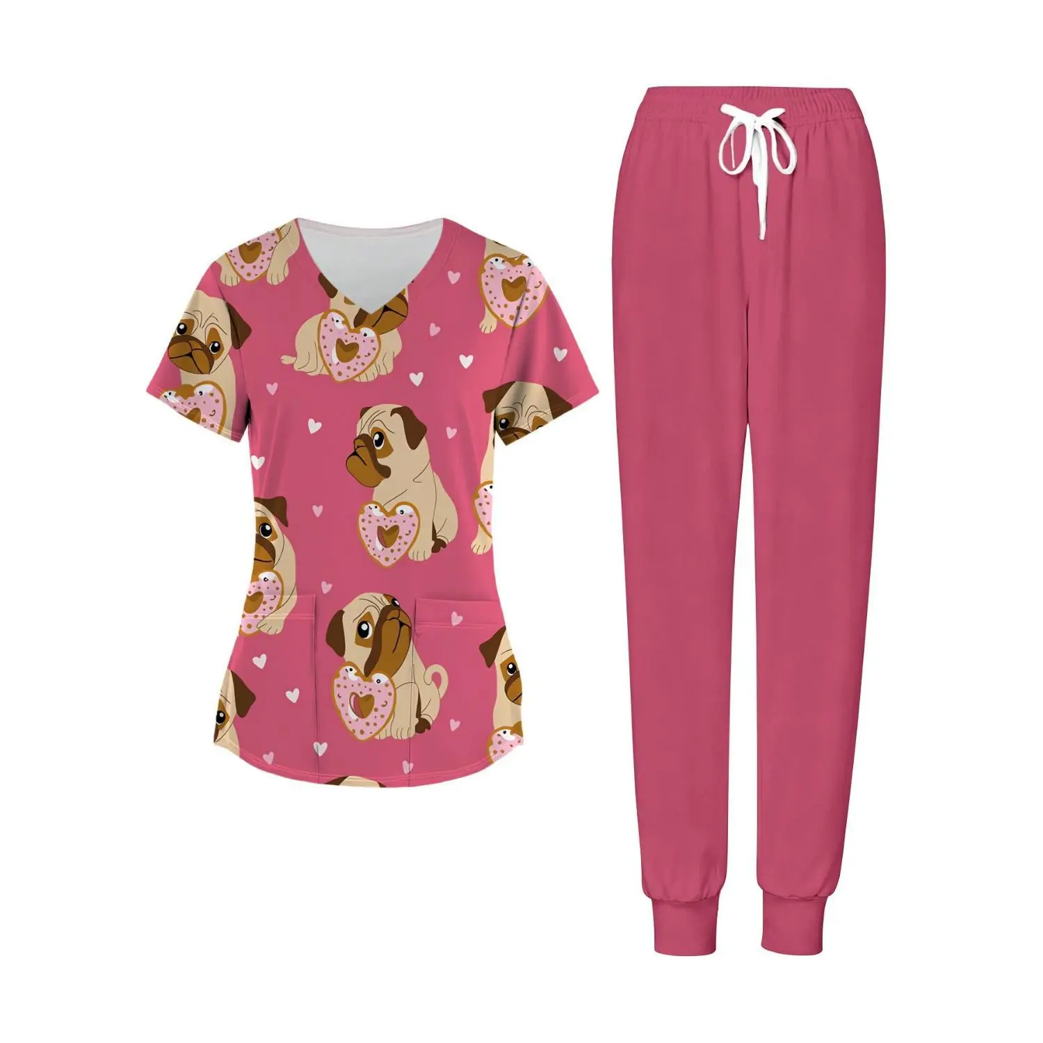 Plus Size Women's Valentine's Day Pink Pug Donut Print Casual V-Neck Top and Pants Loungewear Set