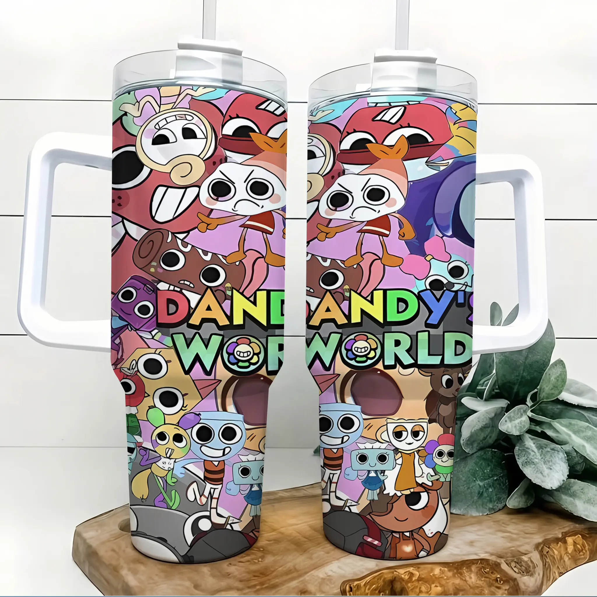 Dandys World Cute Horror Game 40oz Insulated Water Cup Flask - 304 Stainless Steel Car Cup, Handle, Straw, Lid, Print, 24H Cold-12H Hot Retention, Colorful Cartoon Art, Explosion-Proof, for Fans, Drivers