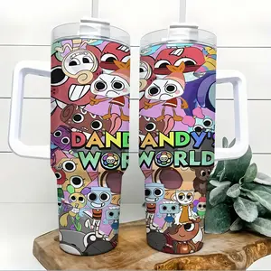 Dandys World Cute Horror Game 40oz Insulated Tumbler with Handle & Straw, 304 Stainless Steel, 24H Cold-12H Hot Retention, Colorful Cartoon Art, Explosion-Proof Heat Resistant, for Dandys World Fans, Drivers, Fan Collections