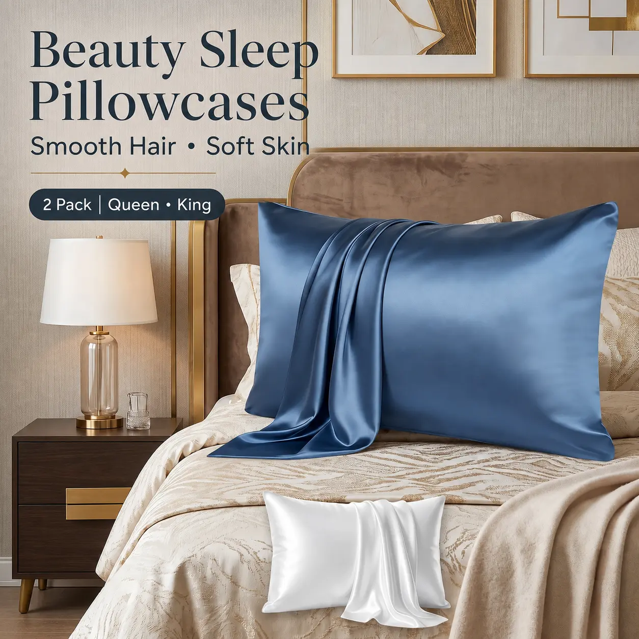 CloudReston Silk-Smooth Cooling Pillowcases 2-Pack, Queen Size Beauty Sleep Covers with Hidden Zipper for Anti-Frizz Hair & Skin Comfort