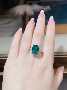 Silver Color Ring with Emerald Stones, Full Diamond High Carbon Zirconia Decor, Elegant High Fashion Jewelry for Women