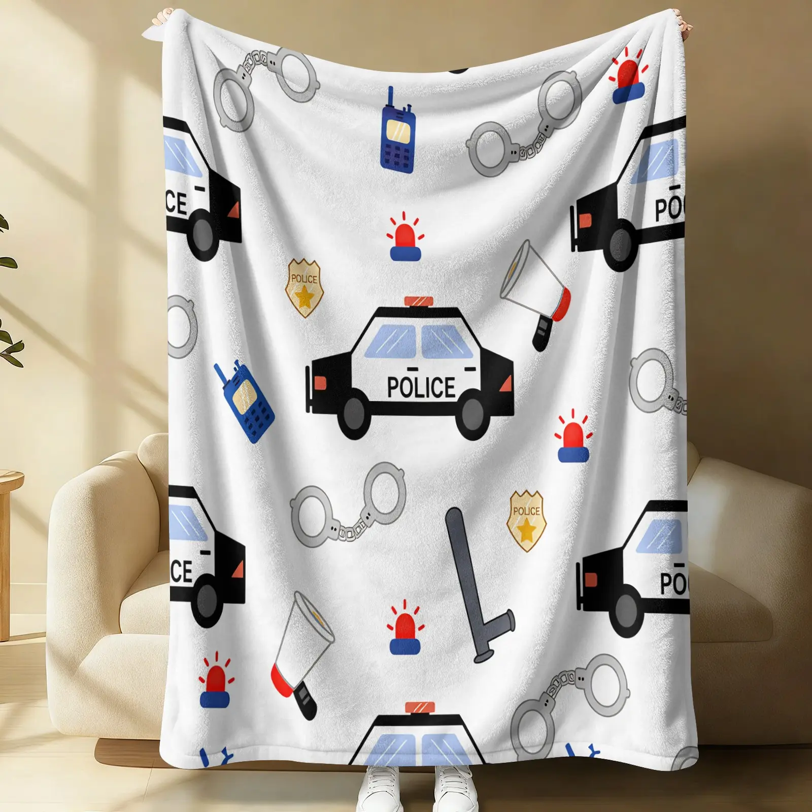 1Pcs Police Car Digital Print Flannel Blanket, Flannel Printed Blanket, Cute Cop Themed Throw Blanket, Ultra-Soft Warm Blanket, Cozy All-Season Gift Blanket, Perfect for Kids Bedroom, Sofa, Toddler Room, Camping, Travel