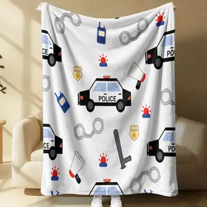 1Pcs Police Car Digital Print Flannel Blanket, Flannel Printed Blanket, Cute Cop Themed Throw Blanket, Ultra-Soft Warm Blanket, Cozy All-Season Gift Blanket, Perfect for Kids Bedroom, Sofa, Toddler Room, Camping, Travel