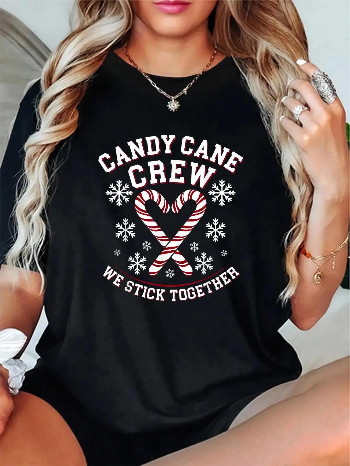 Women's 100% Cotton Christmas Crew Neck Short Sleeve T-Shirt - Cute "We Stick Together" Candy Cane Digital Print, Loose-Fitting, Soft Breathable, Machine Washable, Casual Party Everyday Top, Check Size Chart