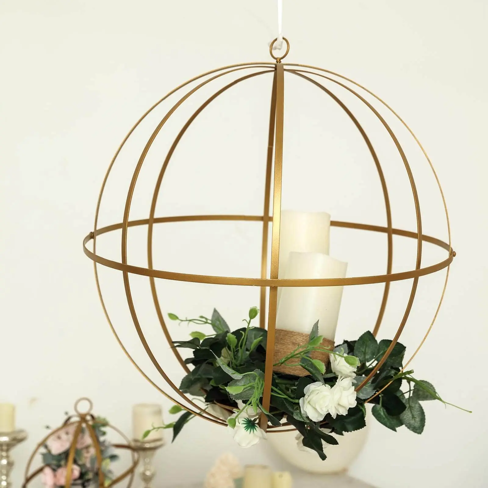 12" Gold Wrought Iron Candle Stand - Portable Sphere Shape Open Frame Hanging Candlestick, Indoor/Outdoor Home Decor Accent for Wedding Events Table Centerpiece, Wedding Decor