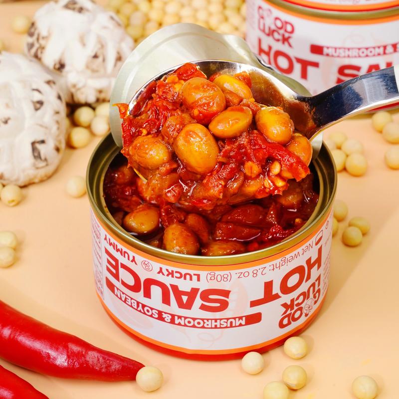 Good Luck Hot Sauce - Mushroom & Fresh Pepper Flavor | 6 Cans Box | 2.8 oz Each | Vegan Chili Dip | Mild Heat | Perfect for Tacos & Hummus Dips | Premium Ingredients | Mixed Flavors