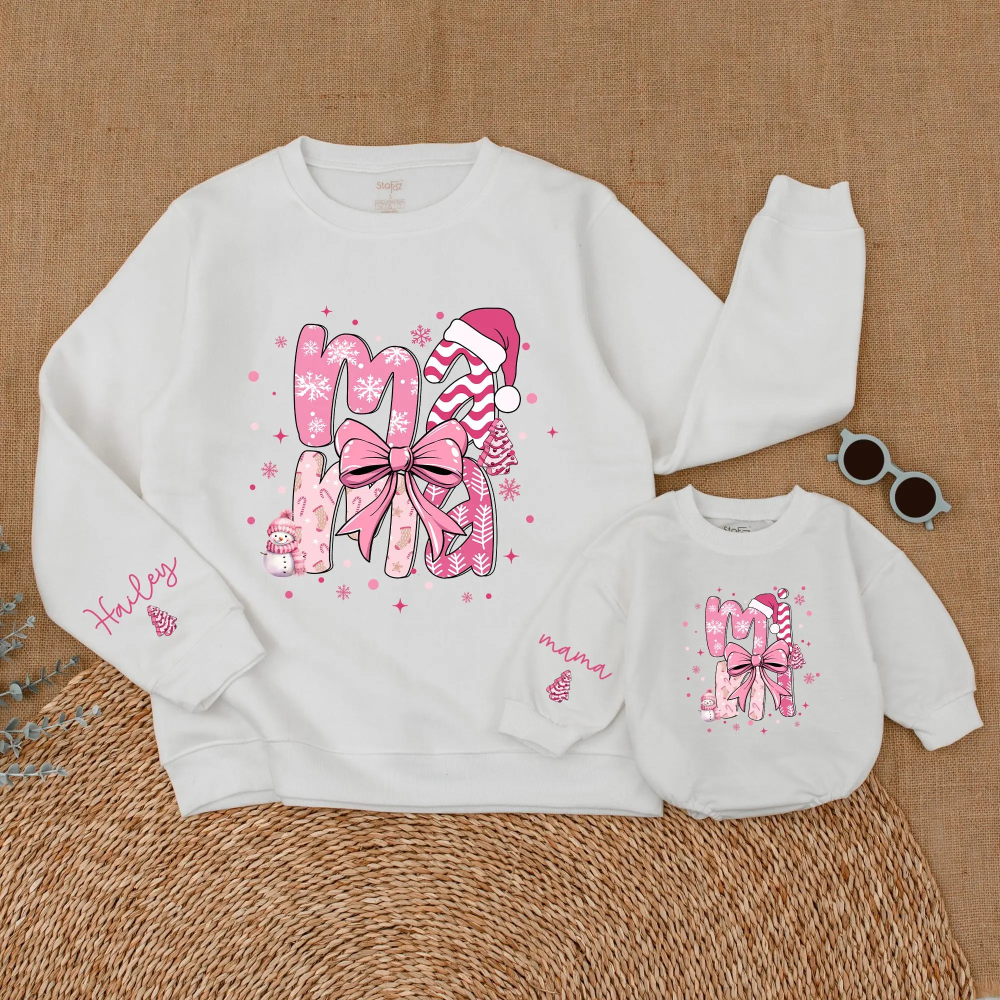 Personalized Pink Mama and Mini Christmas Sweatshirt Mommy and Me Matching Sweaters Family Matching Baby Bubble Romper Casual Crewneck Baby Girl Romper Suits for Family Photos and Special Occasions