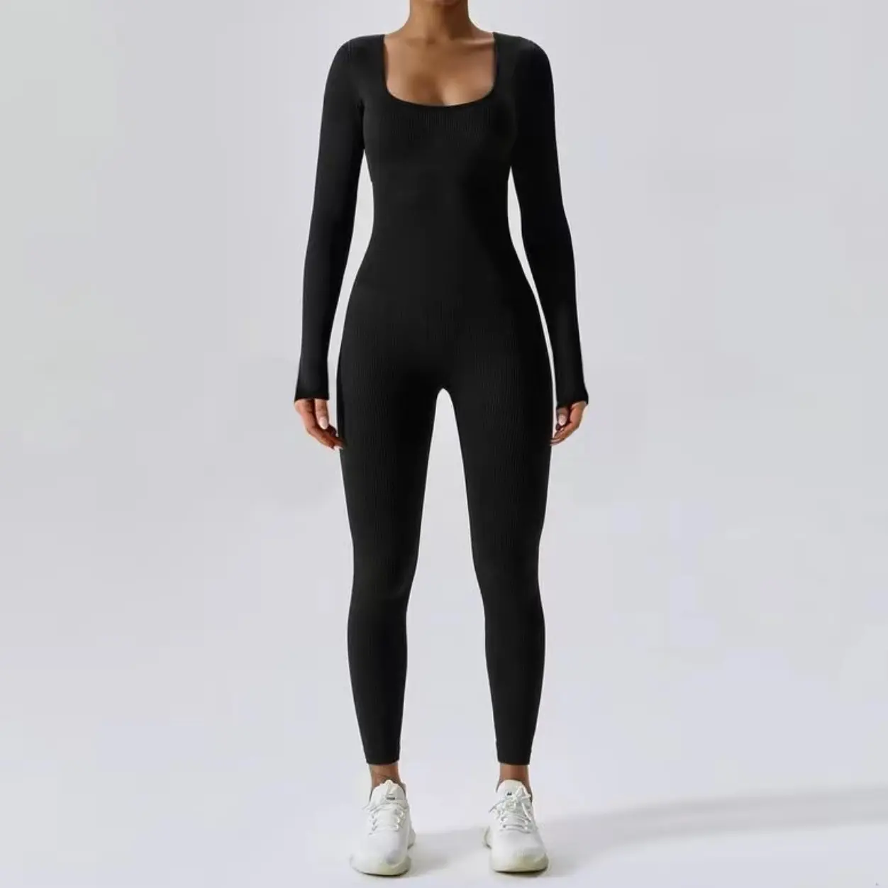 (Curlady) Women Skinny Jumpsuit Solid Color Ribbed Knit Long Sleeve Square Neck Bodycon Jumpsuit Romper Work Out Sport Yoga Playsuits
