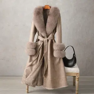 2025 Mid-Length Luxurious Women's Over-the-Knee Faux Rabbit Fur Coat with Faux Fox Fur Collar Slim Fit