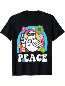 Vintage 1960s Hippie Peace Dove & Flower Power Graphic T-Shirt - Groovy Retro Bohemian Style with Rainbow Colors, Round Neck Casual Top &, All-Season Comfort Fit (Hand Washable), Playful Outfit, Everyday 's Clothing, Flowerpower Shirt (3-13Y)