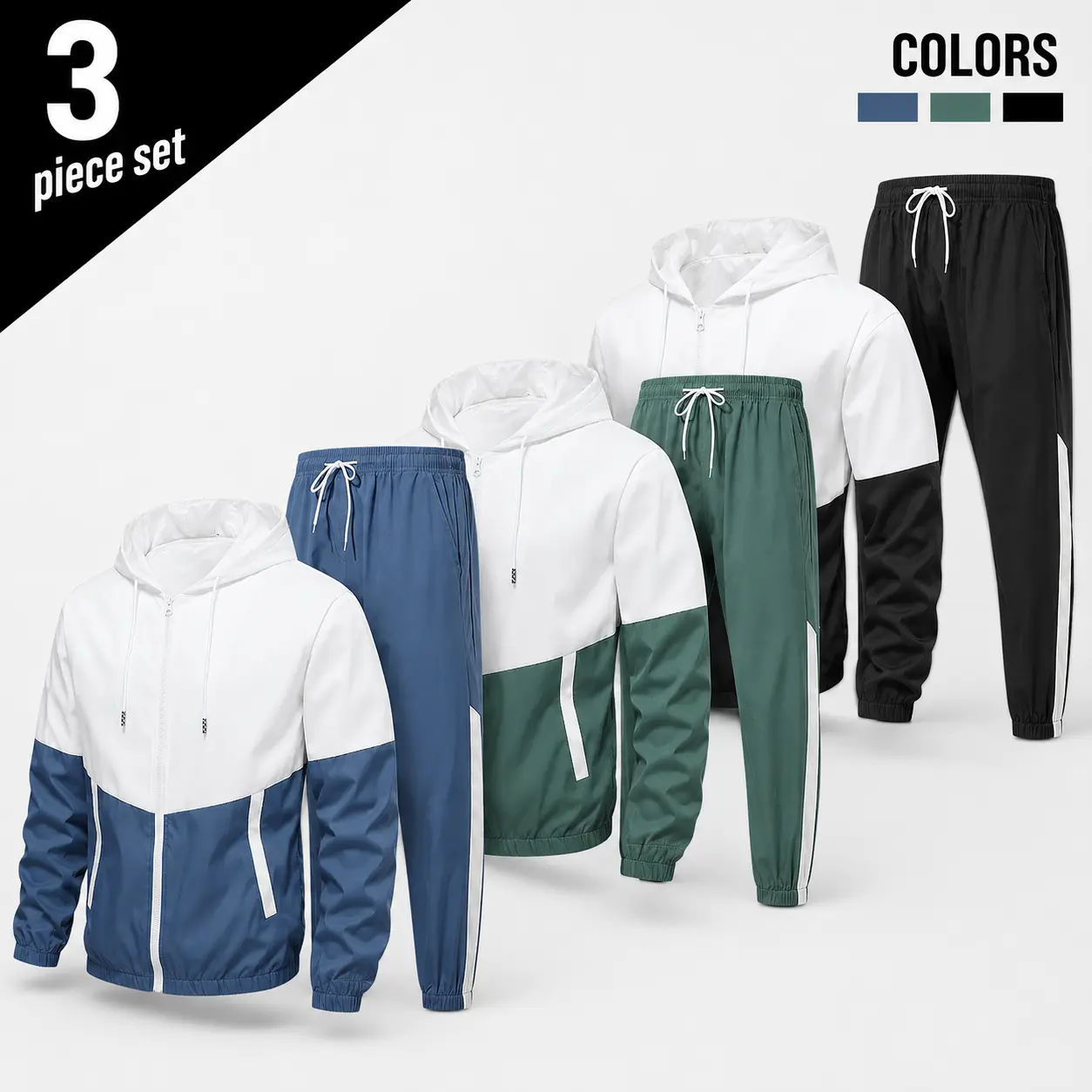 Men's 2-Piece Athleisure Sportswear Set - Colorblock Drawstring Hood, Long Sleeve Zip-Up Hooded Shirt & Joggers, Unisex Wear Jogging Activewear for Gym & Outdoor Use