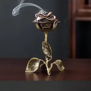 Handmade Realistic Metal Rose Incense Holder Fragrance Incense Aroma - Red Alloy Flower with Green Leaves, Elegant Decorative Centerpiece for Valentine‘s Day & Mother’s Day Gifts, Perfect for Living Room, Bedroom & Office Decor, Scented Home Fragrance