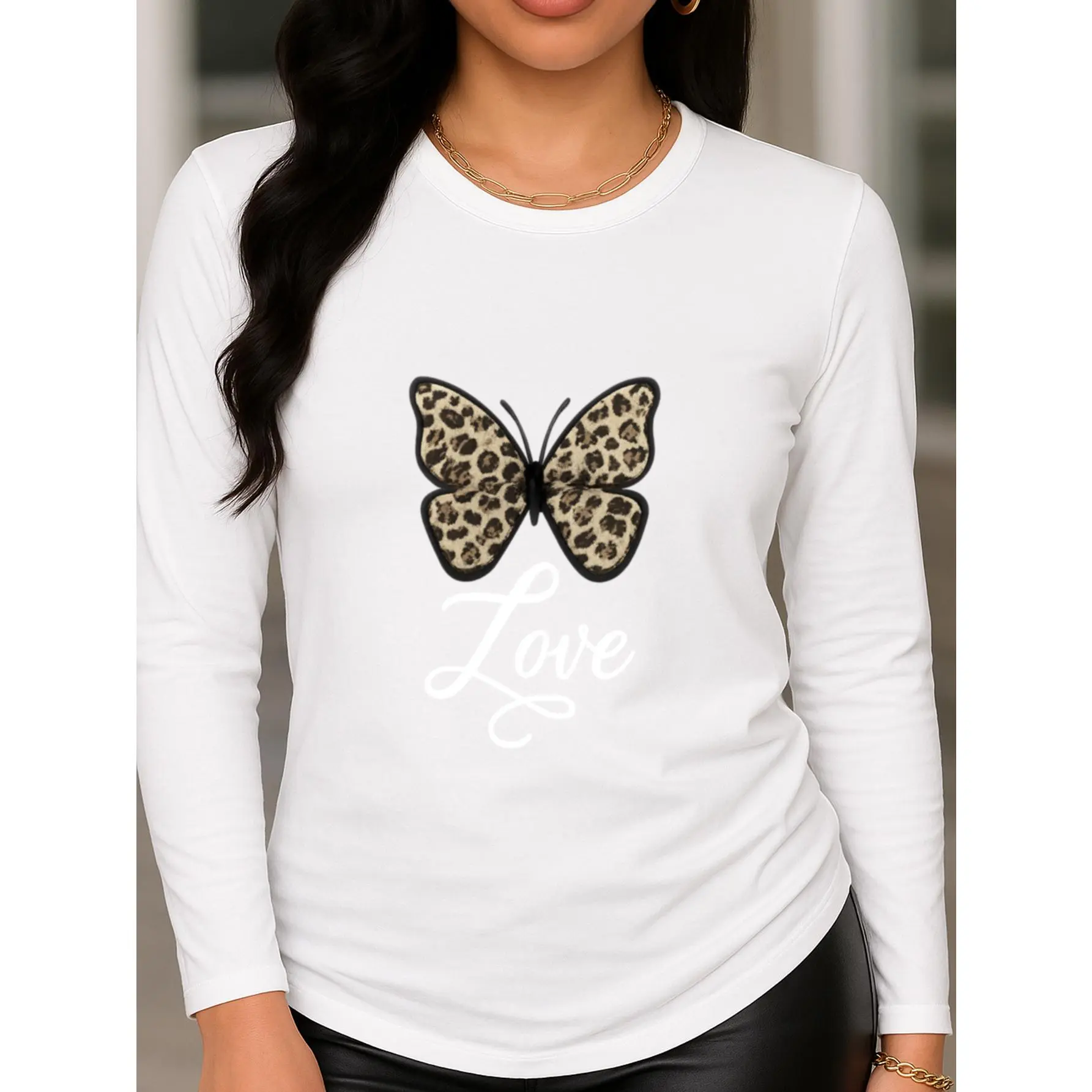 Women's Long Sleeve Top with Geometric Butterfly Print, Comfortable Round Neck Casual Streetwear for Daily Wear, Lady, Longsleeves, Tshirt, Butterfly Motif, Polyester
