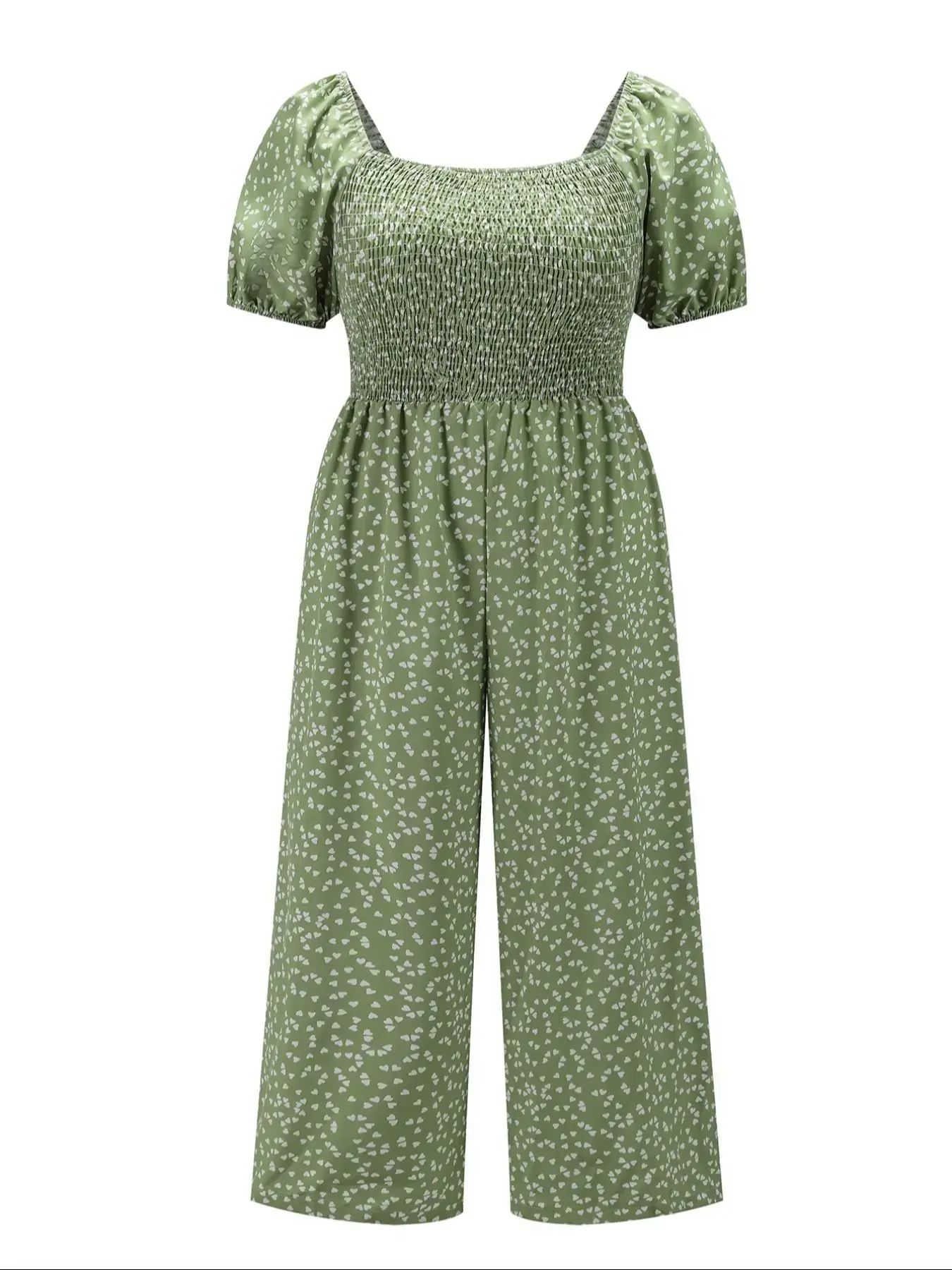 [Plus Size] All-Over Print Shirred Wide-Leg Jumpsuit, Casual Short-Sleeve Jumpsuit for Summer, Women's Plus-Size Clothing for Daily Wear, Casual Jumpsuits