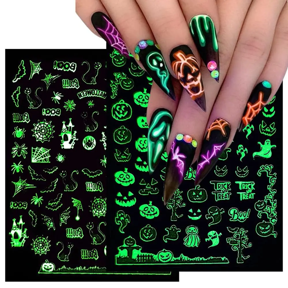 Luminous Nail Stickers - 3D Halloween Nail Art Designs - Skull, Ghost, Pumpkin, Spider, Bat Decals - Self-Adhesive, 6 Sheets Macute