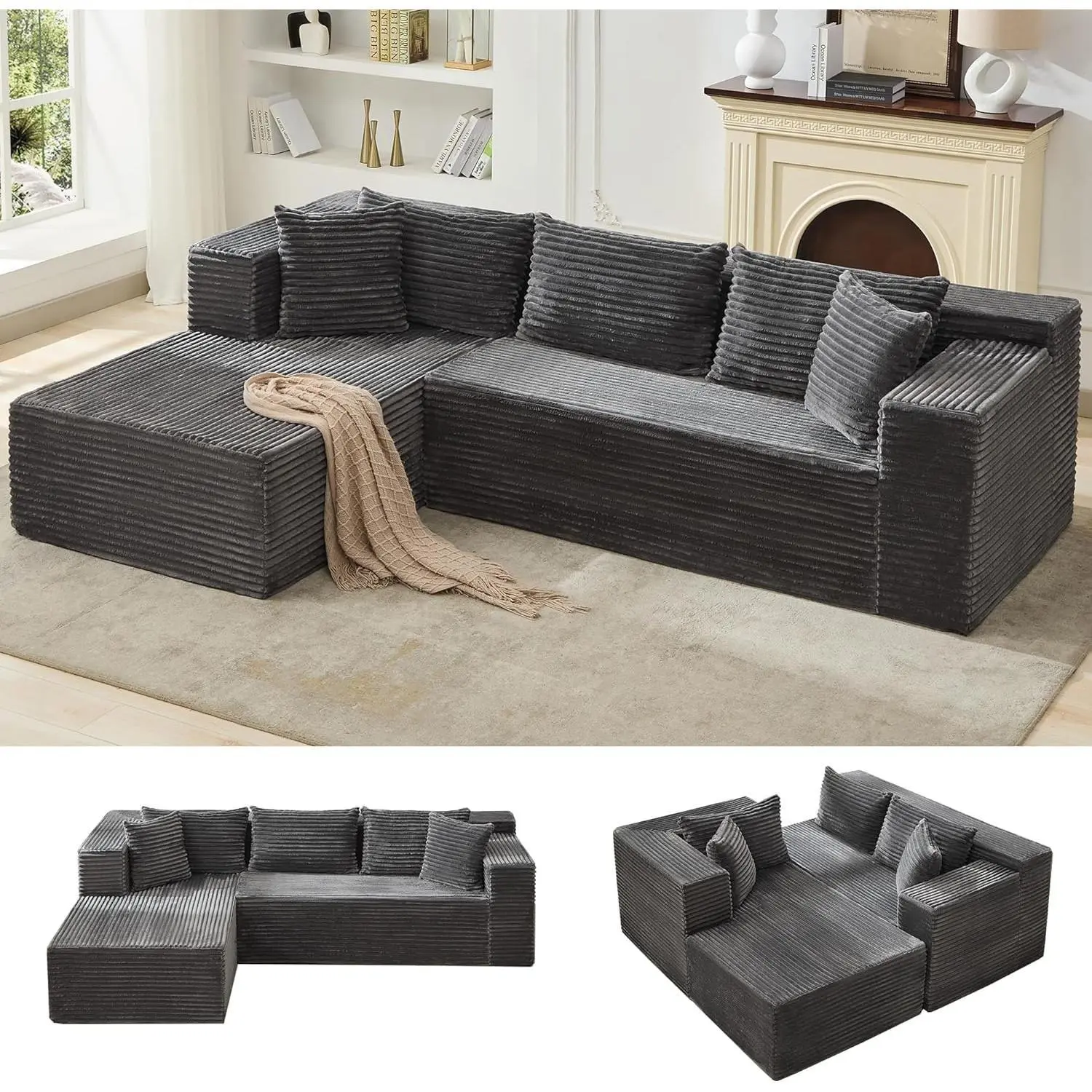 Modular Corduroy Cloud L-Shape Sectional Sofa - 106" Oversized Black Sleeper Couch, 2-Piece Living Room Furniture, Deep Seat, Fully Assembled, 5 Throw Pillows, for Roommates & Families Small Space Indoor Furniture