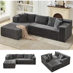 Modular Sectional Corduroy Sofa Cloud Sectional Couch, 106" Comfy L Shaped Black Couches for Living Room,Oversized Sofa Sleeper with Deep Seat, No Assembly Required modern