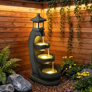Eyisean 35.4" H Resin Outdoor Water Fountain, All-Weather Freestanding Pagoda Water Feature with LED, 3 Tier Bowl Cascading Lantern Style Garden Fountain for Porch, Home Decor Ideal Gift