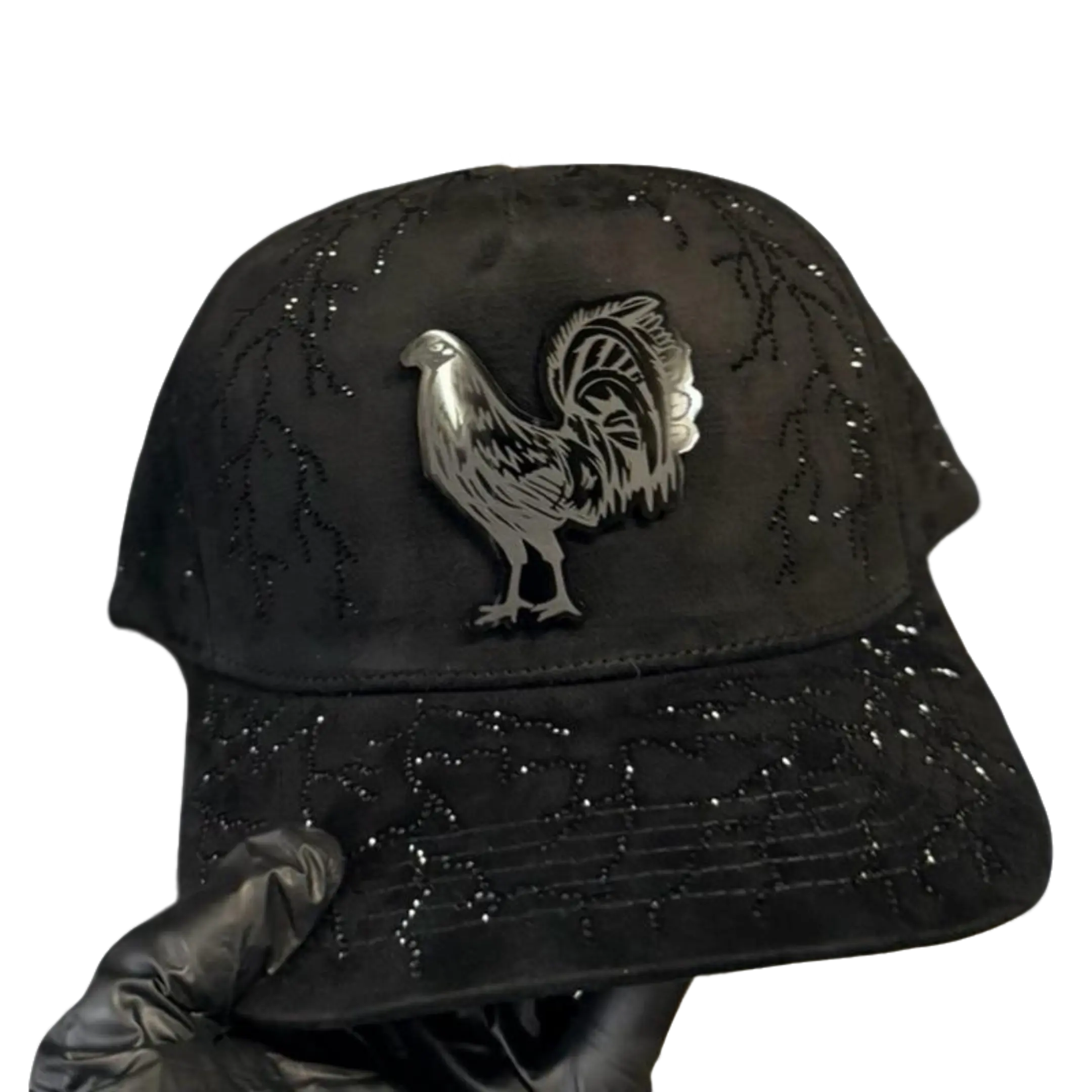 Rooster Hat Black Suede With Rhinestones SnapBack Adjustable Cap