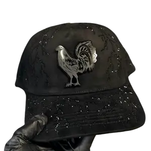 Rooster Hat Black Suede With Rhinestones SnapBack Adjustable Cap