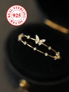 S925 Sterling Silver Butterfly Design Cuff Ring, Rhinestone Decor Ring for Women & Girls, Fashion Jewelry for Party, Daily Decor, Trendy All-match & Exquisite Jewelry for Birthday Gift, with Box