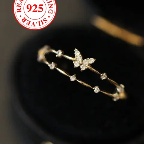 S925 Sterling Silver Butterfly Design Cuff Ring, Decorated Ring with Box, Rhinestone Decor Unique Ring for Women & Girls, Fashion Jewelry for Party and Daily Wear, Trendy All-Match & Exquisite Jewelry for Birthday Gift