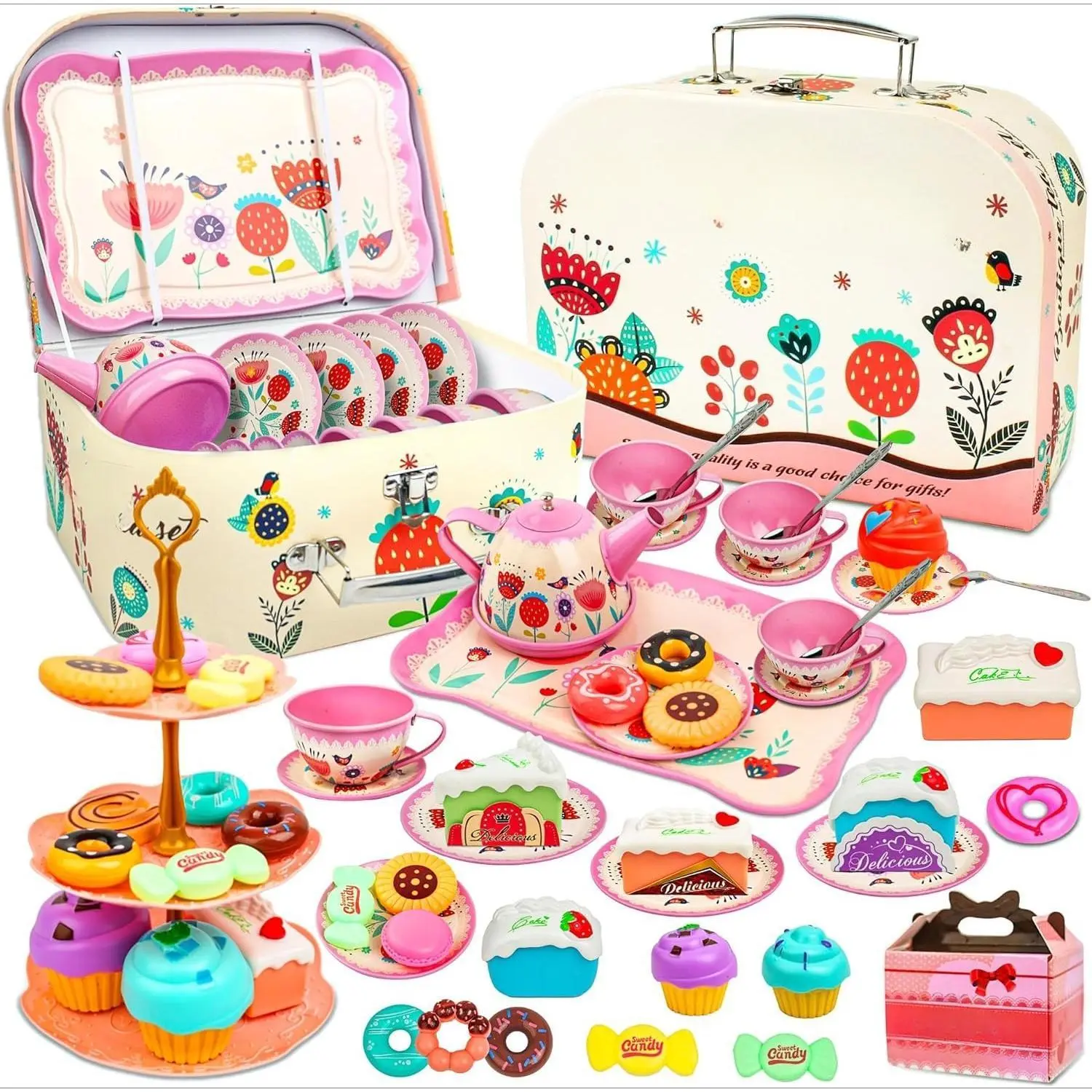 Z-MTS79    46pcs Tea Party Set for Little Girls - Princess Tea Party Set,Kids Kitchen Pretend Play Toys - Toddler Tea Party Sets for Girls 3-5, Girls Tea Party Set Gift for 3 4 5 6 7 8 Girl(Garden)