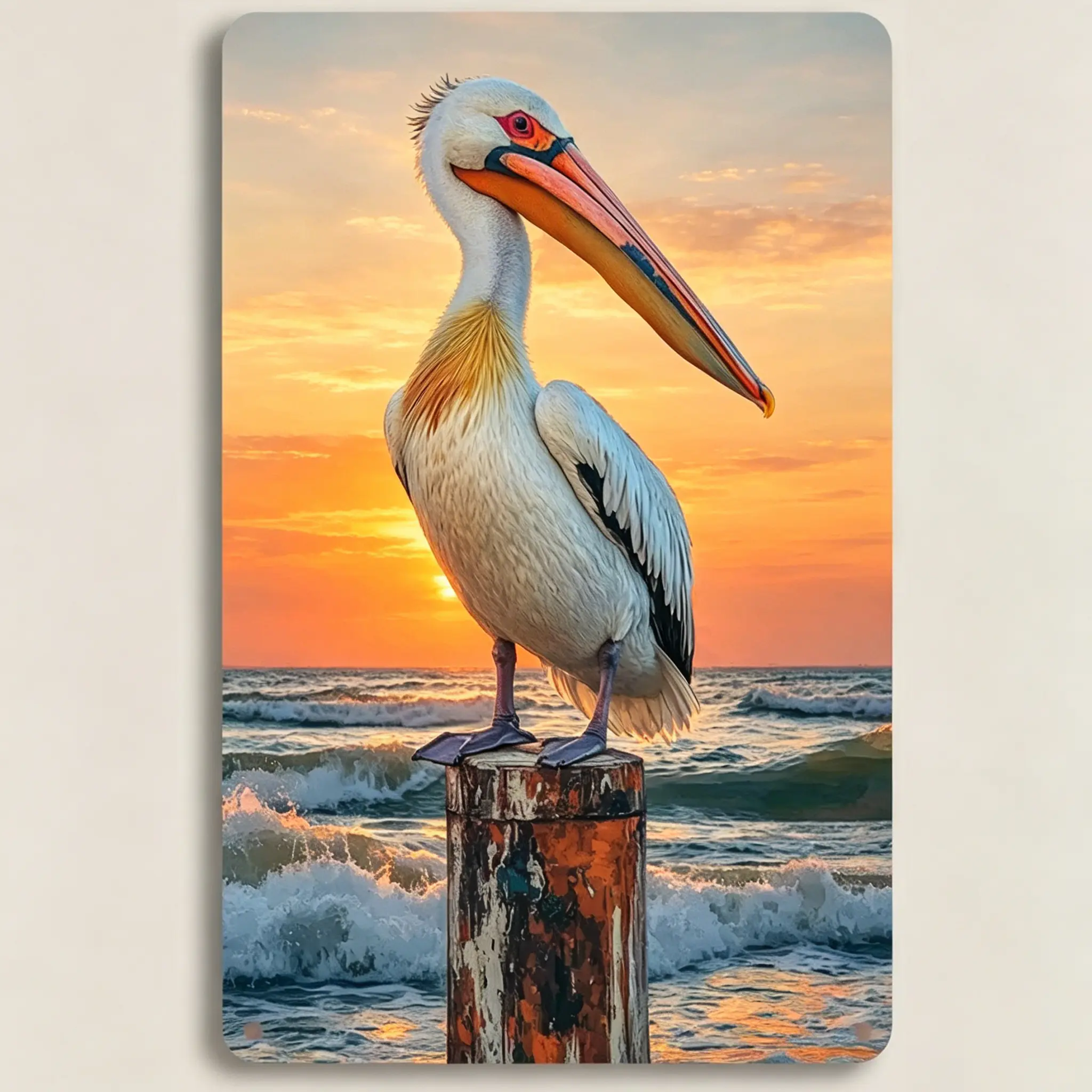 Vintage Distressed Metal Tin Sign, Pelican Standing On Weathered Wooden Pile Ocean Sunset Wave Wall Plaque, Coastal Nautical Beach Bird Rustic Wall Art Decor For Patio Pool Beach House Sunroom Porch Retro White Pelican Seaside Sunset Wave Iron Wall Sign