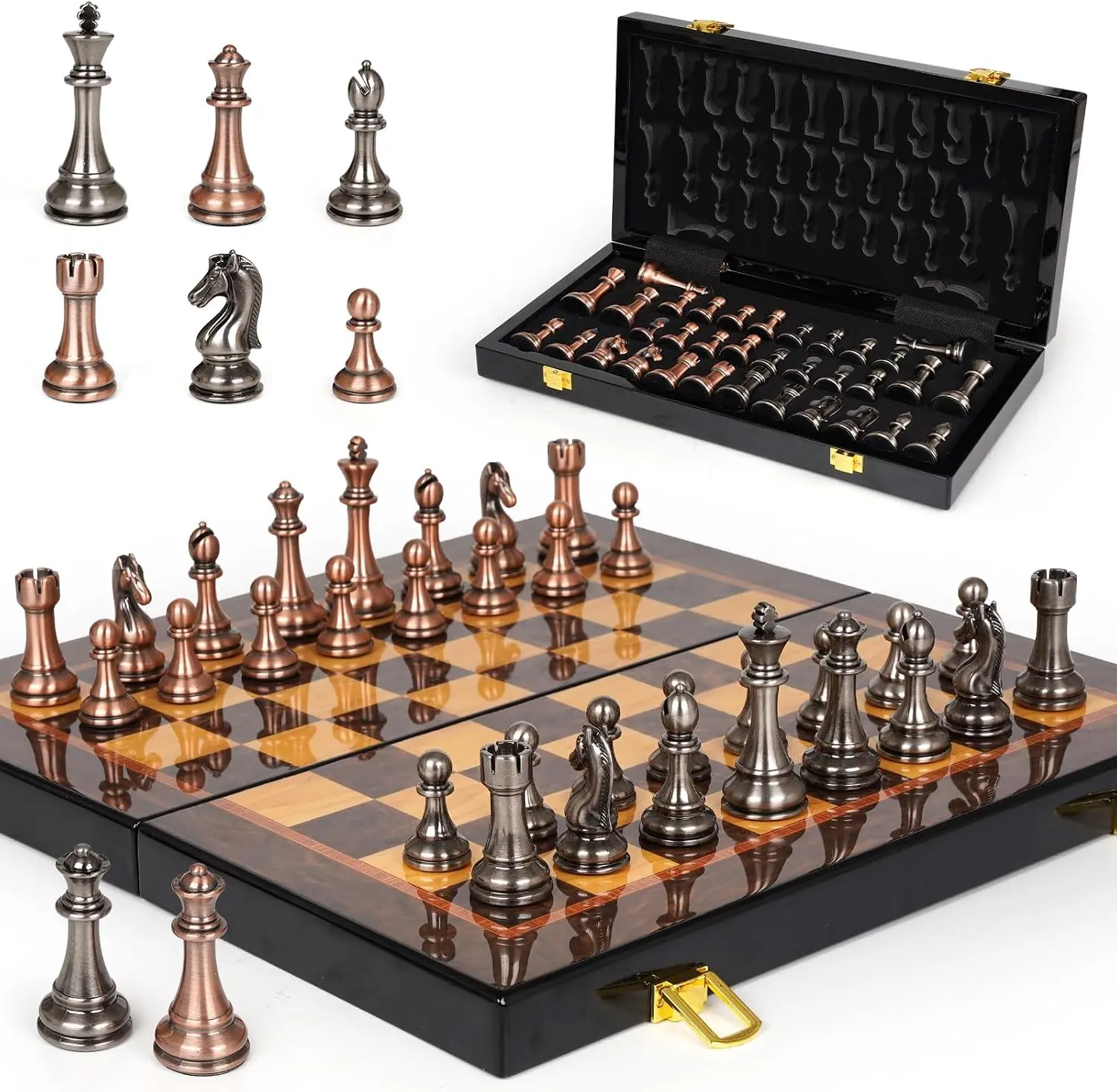 uxury Metal Chess Set with 15 Inch Wooden Chess Board | Weighted Metal Chess Pieces | 2 Extra Queens | Professional & Tournament Style Chess Set for Adults | Elegant Game Room & Office Decor