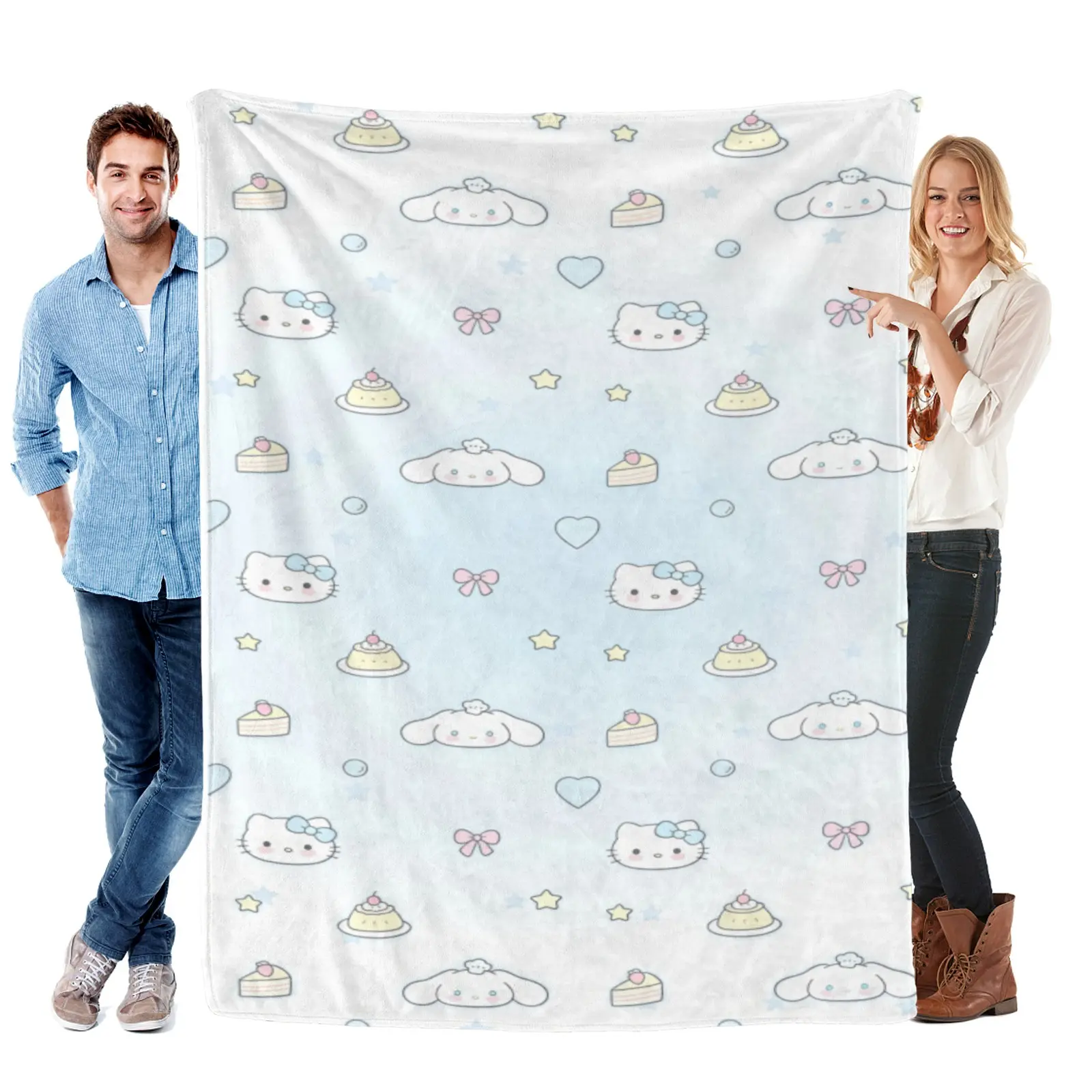 Sanrio Pastel Blue Cinnamoroll Cake Hello Kitty Blanket,Soft Fleece Throw,Cartoon Printing Throw Blanket For Sofa Bed,Gift For Kawaii Sanrio Fans
