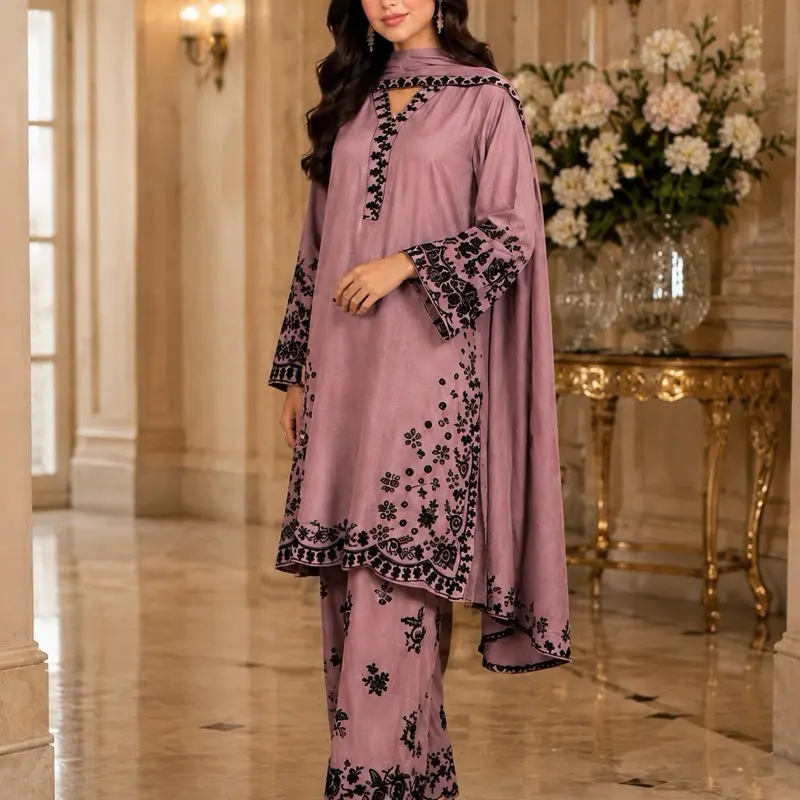 Light purple Satin Reon Fabric 3pcs Pakistan Suit Set, Lady's Formal Dress with Elegance