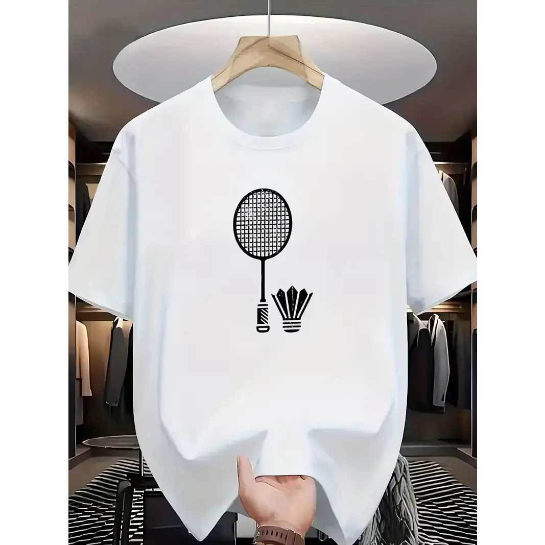 Women's Casual T-Shirt, Badminton Graphic Print, 100% Cotton Short Sleeve Breathable Classic Crew Neck Tee, Shortsleeve, Fabric, Day, Simple, Layer, Loose, Round Neck, Tops, Everyday