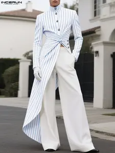 INCERUN Men's Fashion Casual Elegant Slim Fit Knot Design Striped Slit Hem Long Sleeve Suit Jacket, Perfect for Daily Wear, Stylish and Comfortable