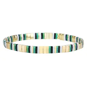 KELITCH Bracelets Tila Flat Beads Glossy Gold Color Mix Strip Stretch Bracelet Jewelry Bangle Beaded