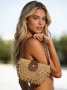 Women's Lightweight Straw Crossbody Bag, Handwoven Semicircle Hollow Out Shoulder Bag, Zipper Lined Beach Purse for Travel, Beach & Daily Wear