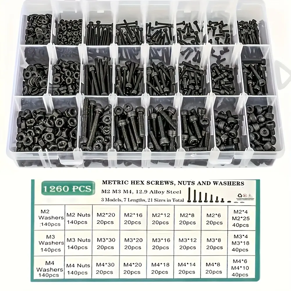 1260-Piece Upgraded-Coated Metric Bolts Set with 21 Sizes (4mm-30mm) - 12.9 Grade Hex Socket Head Cap Machine Screws, Nuts, Washers for Home Supplies summerwins,summerwins
