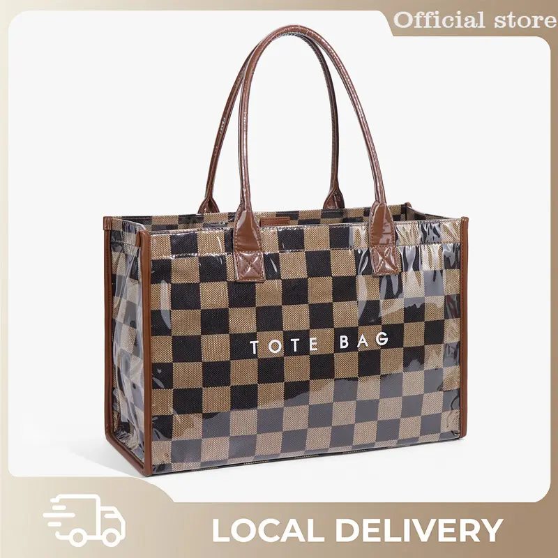 Women's Retro Plaid PVC Tote Bag - Vintage Checkerboard Design, Transparent Large Capacity, Black & Brown Accents, Magnetic Closure, Scratchproof, Durable Polyester Lining, Top Handle Casual Commuter Handbag, Minimalist Style, Vintage Purse, Functionality