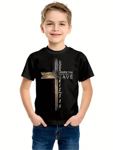 Boys' Fashionable Black T-Shirt with "GOD LOWED THE GAME" Cross Print - Crew Neck, Machine Washable - Ideal for Spring/Summer/Fall