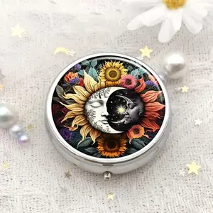 Moon & Sunflower Pattern Round Storage Box, Portable 3-grid Mini Storage Box, Travel Pill Box, Round Organizer for Bedroom & Bathroom, Medicine Organizer
