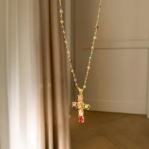 Vintage Style Rainbow Cross Pendant Necklace for Women Gothic Catholic Christian Costume Accessories Jewelry with Sparkling Rhinestones