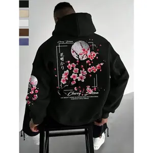 Autumn Winter Japanese Cherry Blossom Print Fleece Hoodie, Casual Graphic Sweatshirt for Daily Wear and Commuting