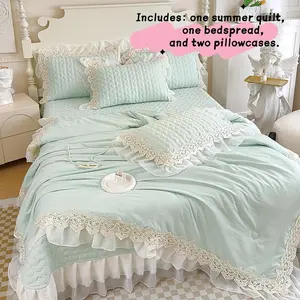 4pcs French Lace Summer Quilt Set, Air Conditioning Blanket, Thin Bedding, Soft Bedding Set, Includes One Quilt + Two Pillowcases + One Sheet