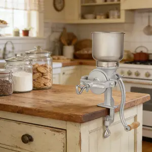 Heavy Duty Cast Iron Manual Grinder - Coffee & Grain Mill | Dry/Wet Grinding for Wheat Corn Flour | High Hopper Design Silver Finish