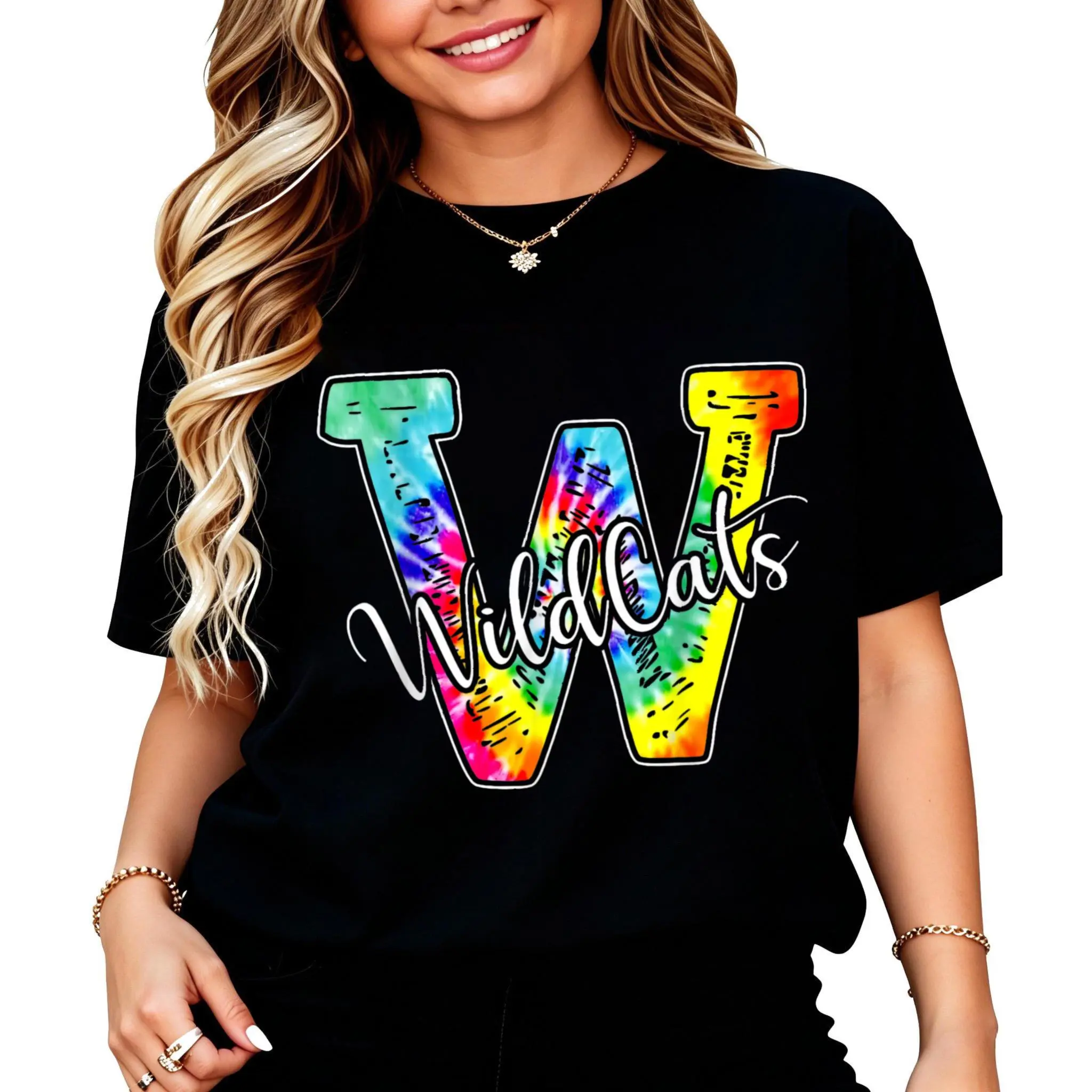 100% Cotton Tie Dye Letter W Wildcat Logo T-Shirt Women Men Unisex Clothing Streetwear