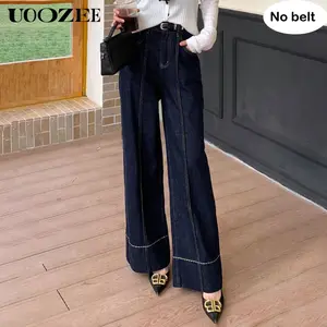 UOOZEE Women's Denim Blue Non-Stretchy High-Waist Wide-Leg Floor-Length Jeans - No Belt, Smaller Hip Fit (Check Size Guide or Order 1 Size Larger) - Casual Streetwear Bottoms for Autumn Fashion, Pair with Tank Top, Tee, Silk Camisole, Leather Pieces