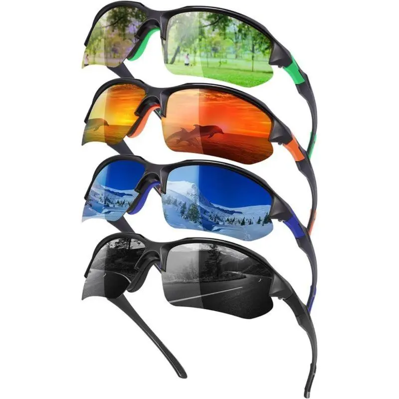 Unisex 4pcs Sports Sunglasses - Polycarbonate 0.11oz Ultra-Light Polarized Lenses, UV400 Shield Protection, Half-Frame, Ideal for Cycling, Outdoor Adventures (Green, Orange, Blue, Black), Lightweight Glasses, 0.11Oz Ultra-Light Lenses, Youth, Anti-Skid