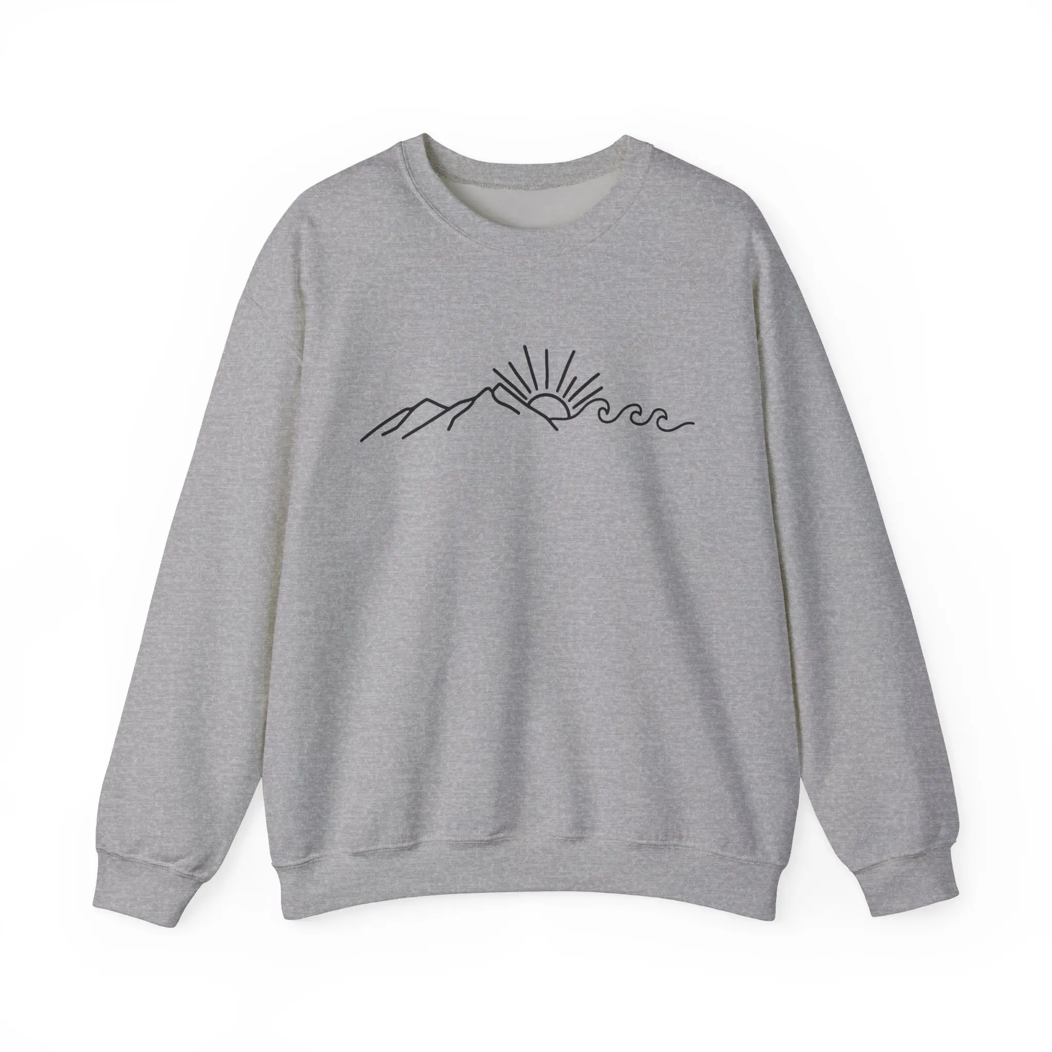 Mountain Wave Sun Line Art Sweatshirt, Minimalist Nature Design, Outdoor Adventure Clothing, Gift for Hikers, Unisex Crewneck Jumper, Winter