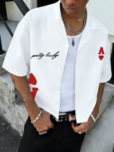 Men's Summer American Street Style Casual Peach a "pretty Lucky" Cuban Collar Short Collared Graphic Shirt, Loose Oversized High Street Streetwear Short Sleeve, Menswear