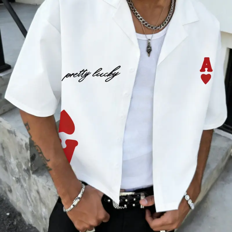 Men's Summer Street Style Blouse, Short Sleeve Loose-Fit Oversized Collared Casual Shirt, Pretty Lucky Graphic Pattern, High-Street Fashion, Menswear