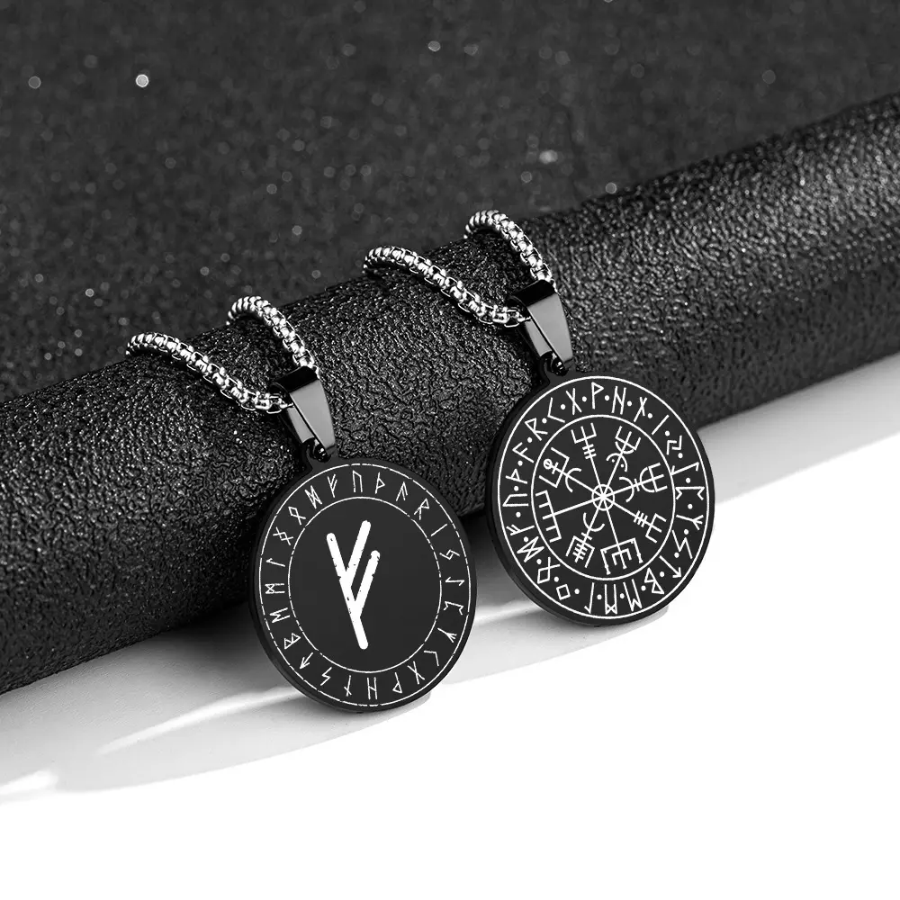 Norse Mythology Viking Compass Rune Minimalist Round Shape Titanium Steel Pendant Necklace, Exquisite Jewelry Gift for Viking Enthusiasts, Unique Gift Ideas, Birthday, Valentine's Day, Adults, Heart, Rune Symbols, Zircon